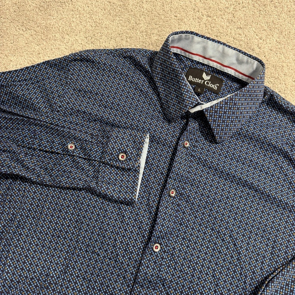 Butter Cloth Shirt Mens Sz L Navy Blue Geometric Long Sleeve Button Up Dress